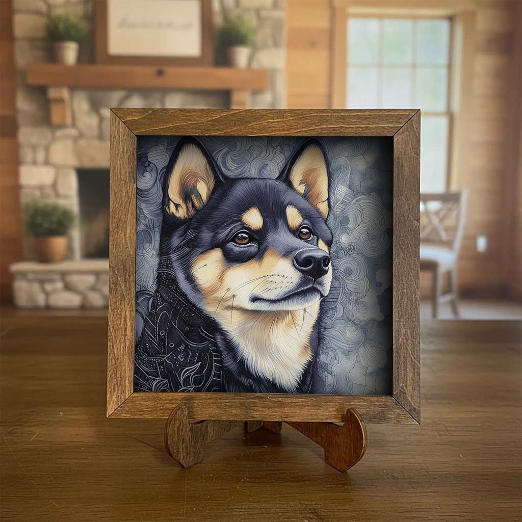 Black and Tan Shiba Inu Dog Framed Art, Watercolor Shiba Inu Portrait, 5.5 Inch Shelf Decor with Easel, Dog Lover Gift