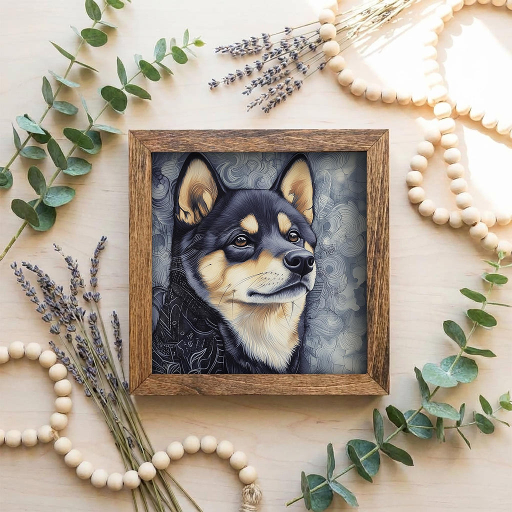 Black and Tan Shiba Inu Dog Framed Art, Watercolor Shiba Inu Portrait, 5.5 Inch Shelf Decor with Easel, Dog Lover Gift