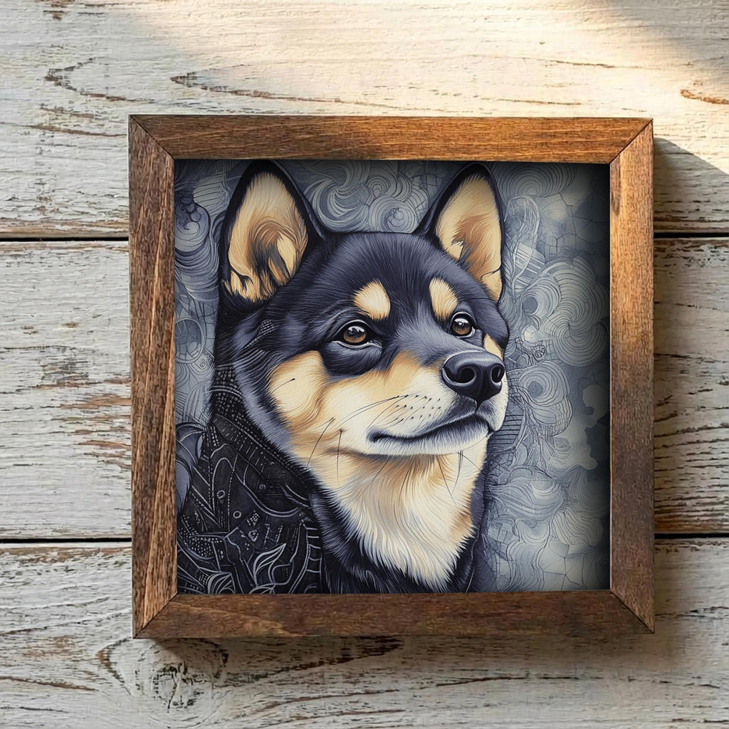 Black and Tan Shiba Inu Dog Framed Art, Watercolor Shiba Inu Portrait, 5.5 Inch Shelf Decor with Easel, Dog Lover Gift