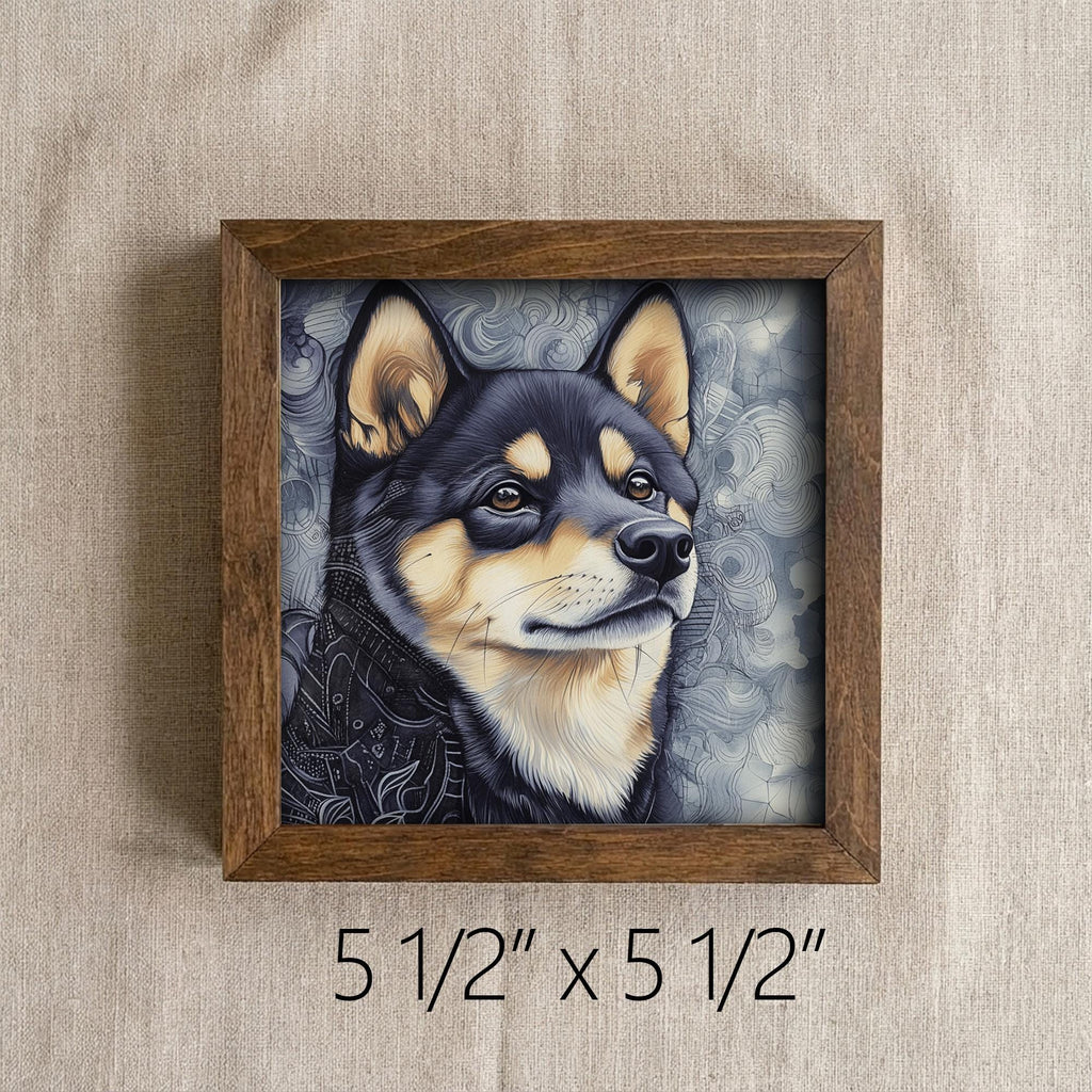 Black and Tan Shiba Inu Dog Framed Art, Watercolor Shiba Inu Portrait, 5.5 Inch Shelf Decor with Easel, Dog Lover Gift