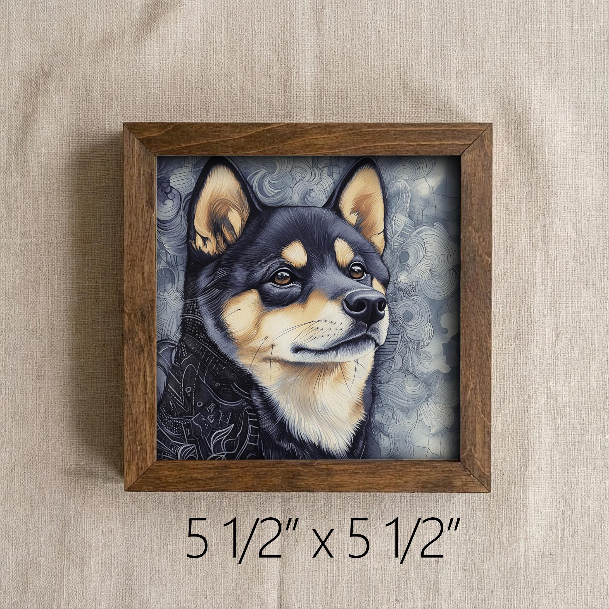 Black and Tan Shiba Inu Dog Framed Art, Watercolor Shiba Inu Portrait, 5.5 Inch Shelf Decor with Easel, Dog Lover Gift