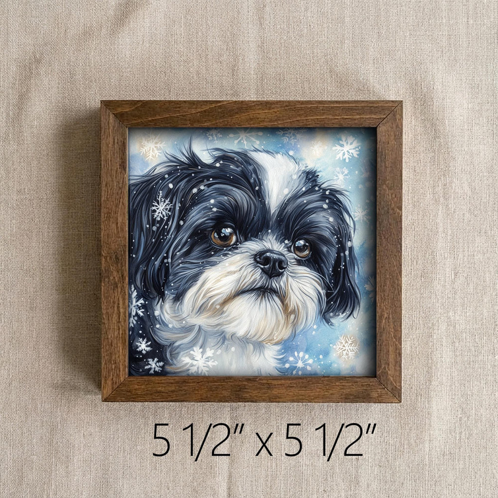 Black and White Shih Tzu Dog Framed Art, WatercolorPortrait, 5.5 Inch Shelf Decor, Dog Lover Gift