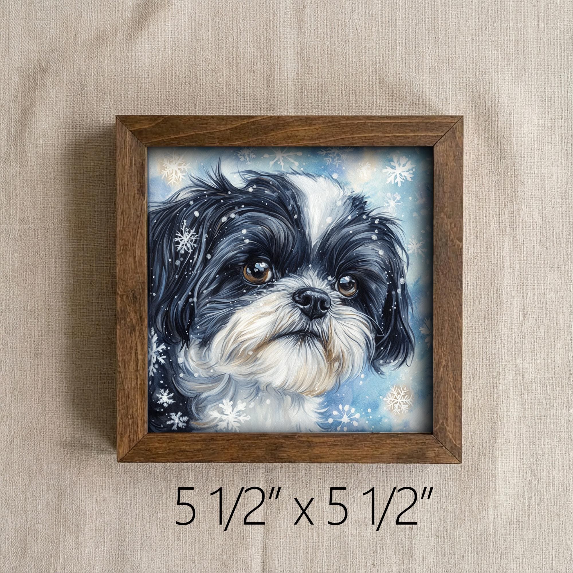 Black and White Shih Tzu Dog Framed Art, WatercolorPortrait, 5.5 Inch Shelf Decor, Dog Lover Gift