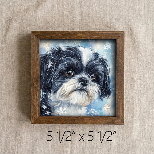 Black and White Shih Tzu Dog Framed Art, WatercolorPortrait, 5.5 Inch Shelf Decor, Dog Lover Gift