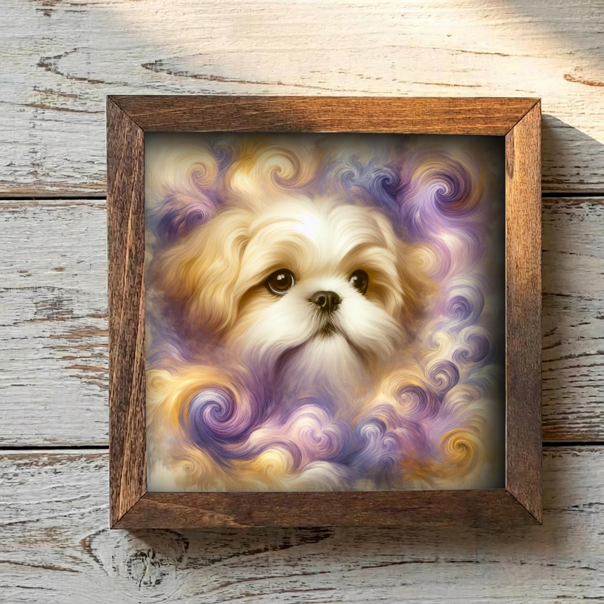 Gold and White Shih Tzu Dog Framed Art, Watercolor Portrait, 5.5 Inch Shelf Decor, Dog Lover Gift