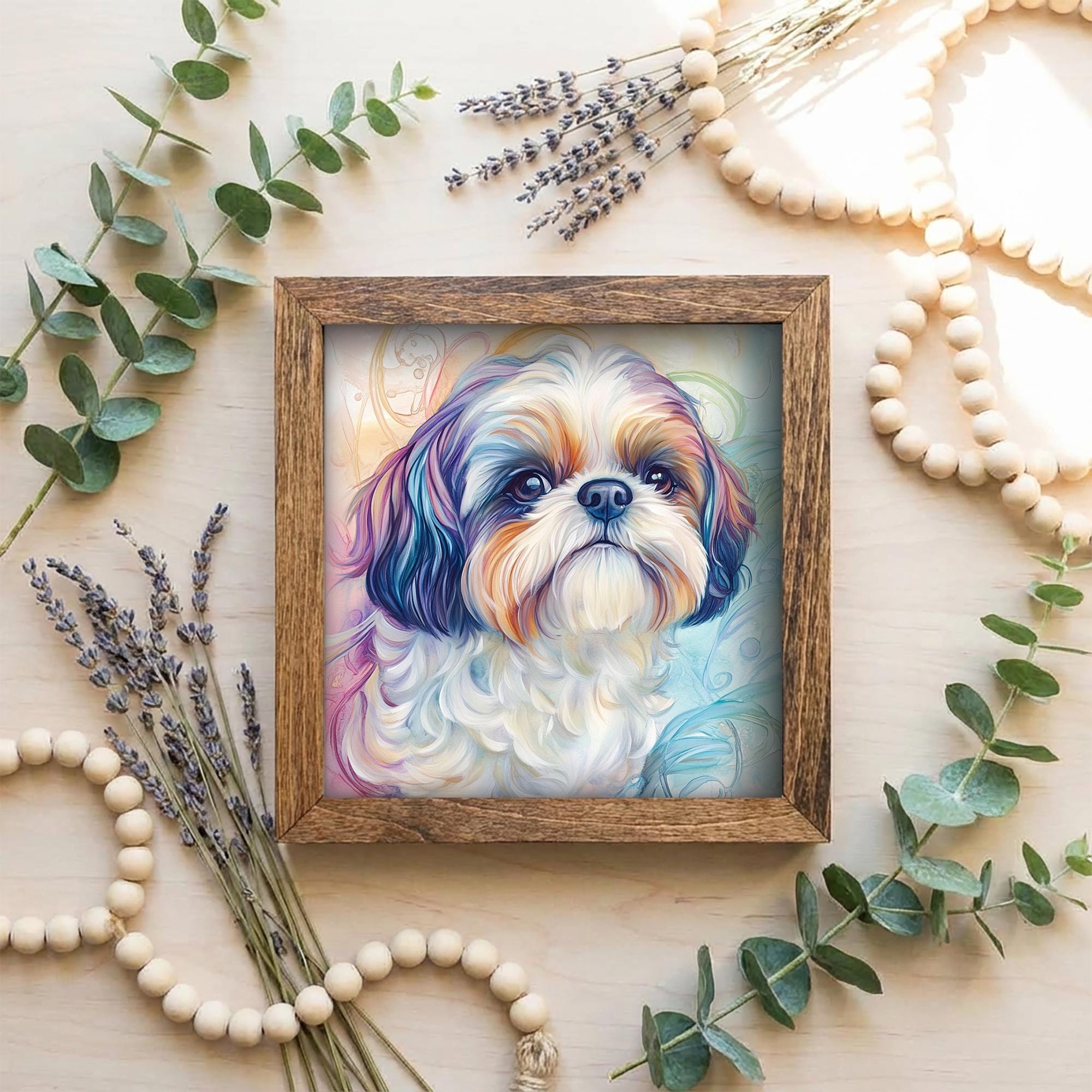 Shih Tzu Watercolor Portrait, Framed Dog Art, Shelf Decor