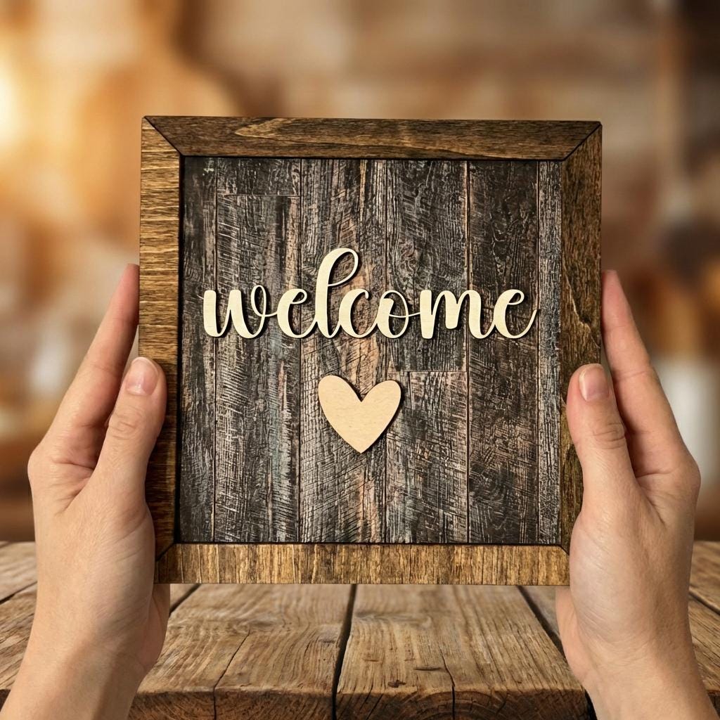 Welcome Framed Wood Sign, Rustic Farmhouse Decor, Layered Wood Wall Art or Shelf Decor, Housewarming Gift