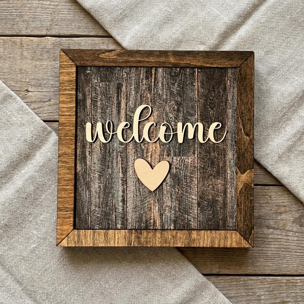 Welcome Framed Wood Sign, Rustic Farmhouse Decor, Layered Wood Wall Art or Shelf Decor, Housewarming Gift