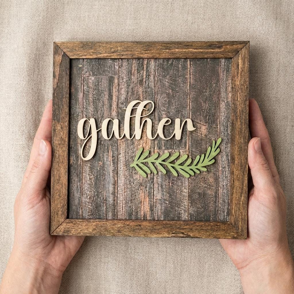 Gather Framed Wood Sign, Rustic Farmhouse Decor, Layered Wood Wall Art or Shelf Decor, Housewarming Gift