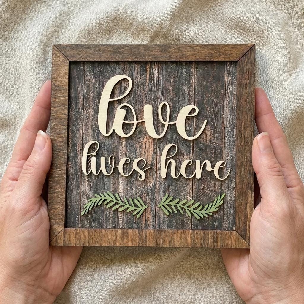 Love Lives Here Framed Wood Sign, Rustic Farmhouse Decor, Layered Wood Wall Art or Shelf Decor, Housewarming Gift