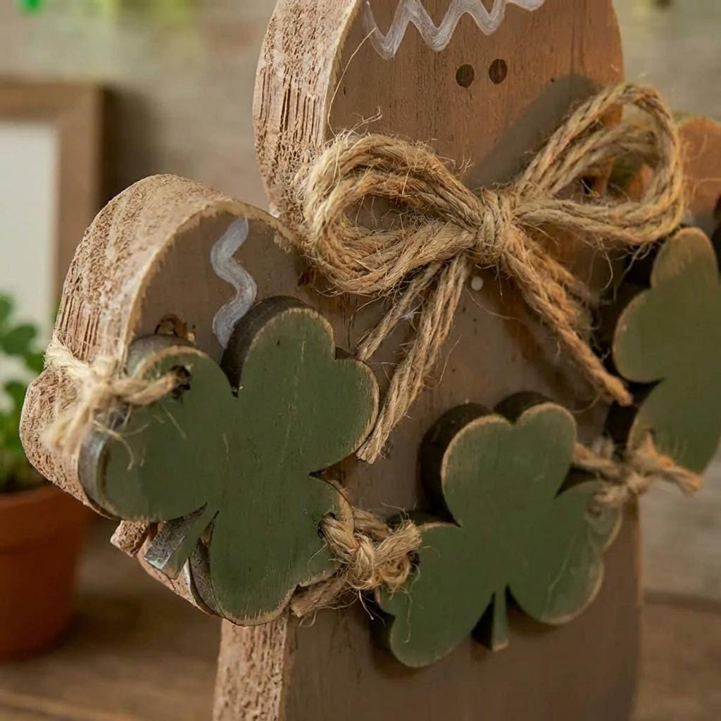 St Patrick's Day Decorations – Rustic Gingerbread Shamrock Shelf Sitter or Ornament