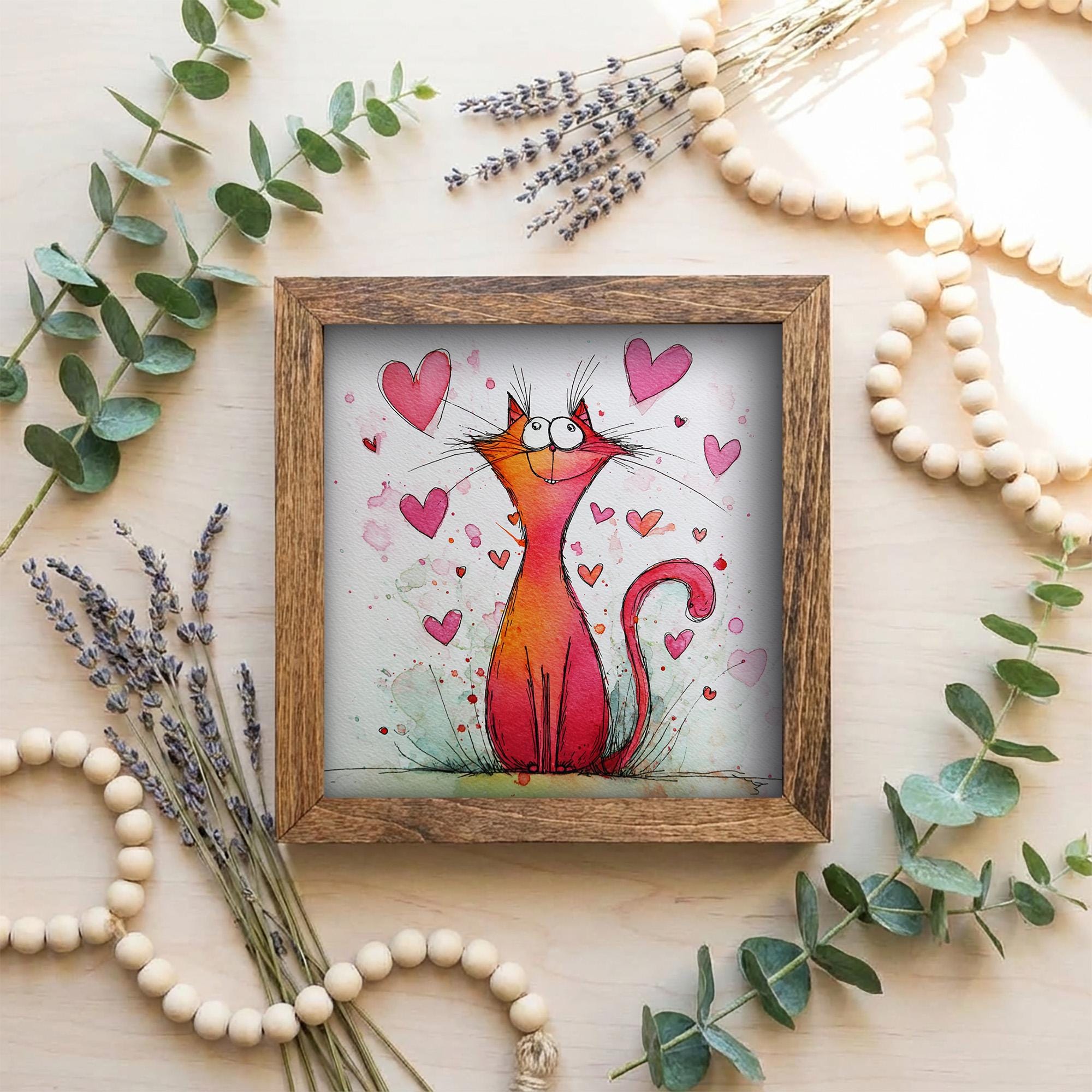 Whimsical Cat Love Art Framed Wall Decor 5.5 Inch | Cute Cat Valentine Gift | Playful Cat Illustration Farmhouse Style