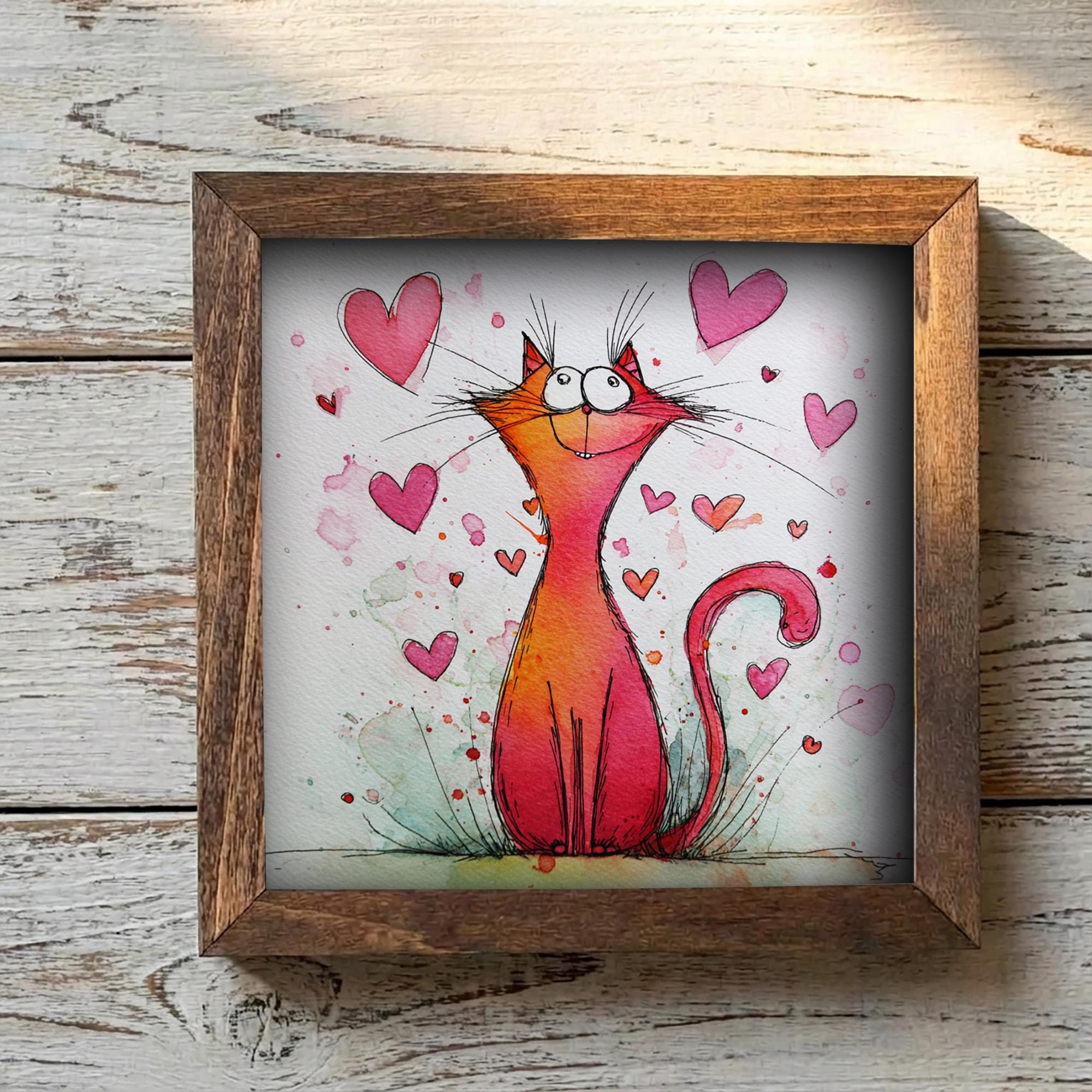 Whimsical Cat Love Art Framed Wall Decor 5.5 Inch | Cute Cat Valentine Gift | Playful Cat Illustration Farmhouse Style
