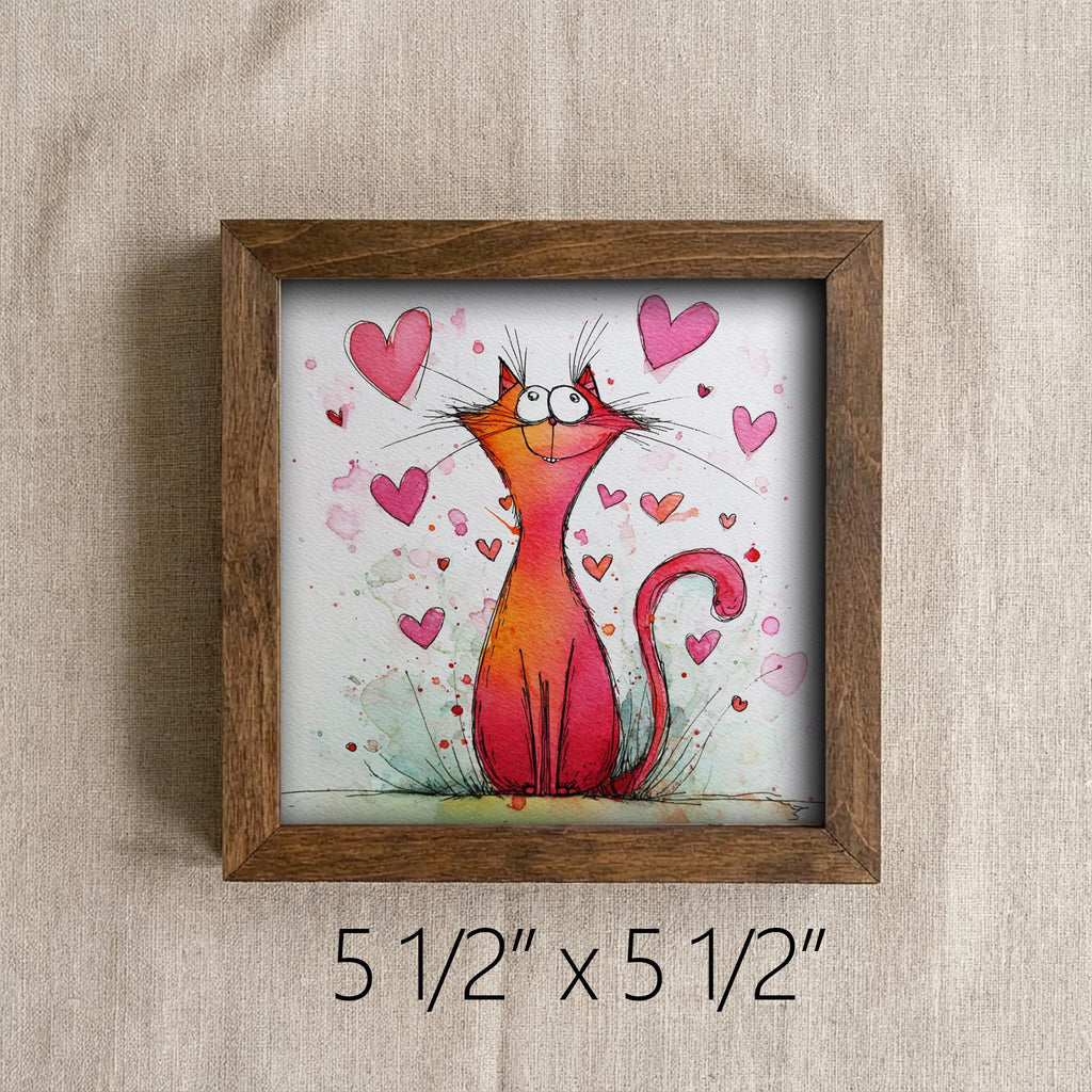 Whimsical Cat Love Art Framed Wall Decor 5.5 Inch | Cute Cat Valentine Gift | Playful Cat Illustration Farmhouse Style