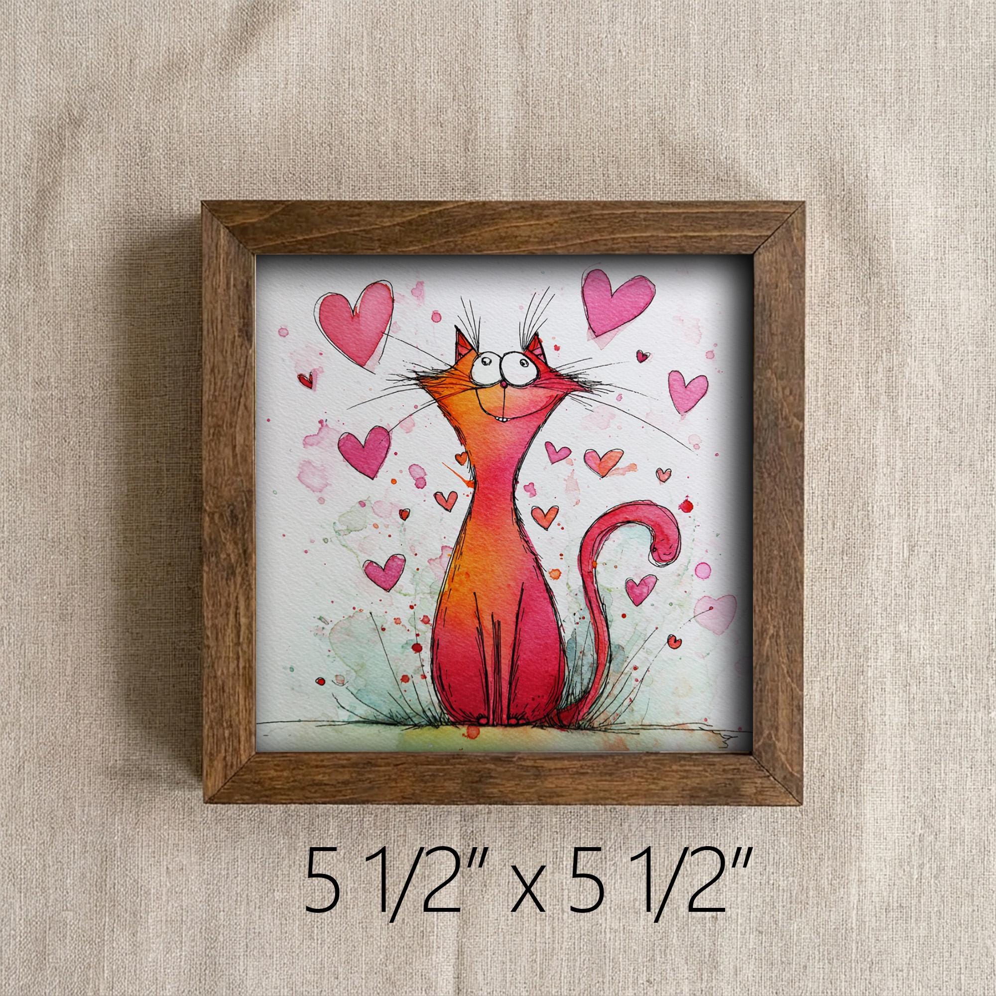 Whimsical Cat Love Art Framed Wall Decor 5.5 Inch | Cute Cat Valentine Gift | Playful Cat Illustration Farmhouse Style