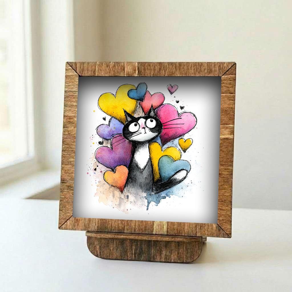 Framed Cat Art | Whimsical Watercolor Illustration, Colorful Hearts