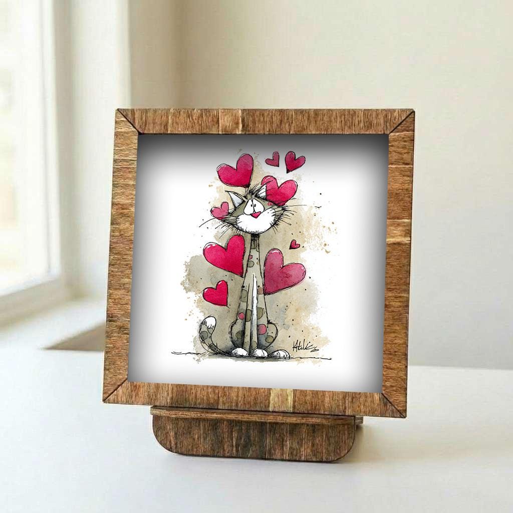 Cat Wall Art Framed 5x5 | Colorful Rainbow Hearts Print | Small Square Art | Whimsical Cat Lover Gift