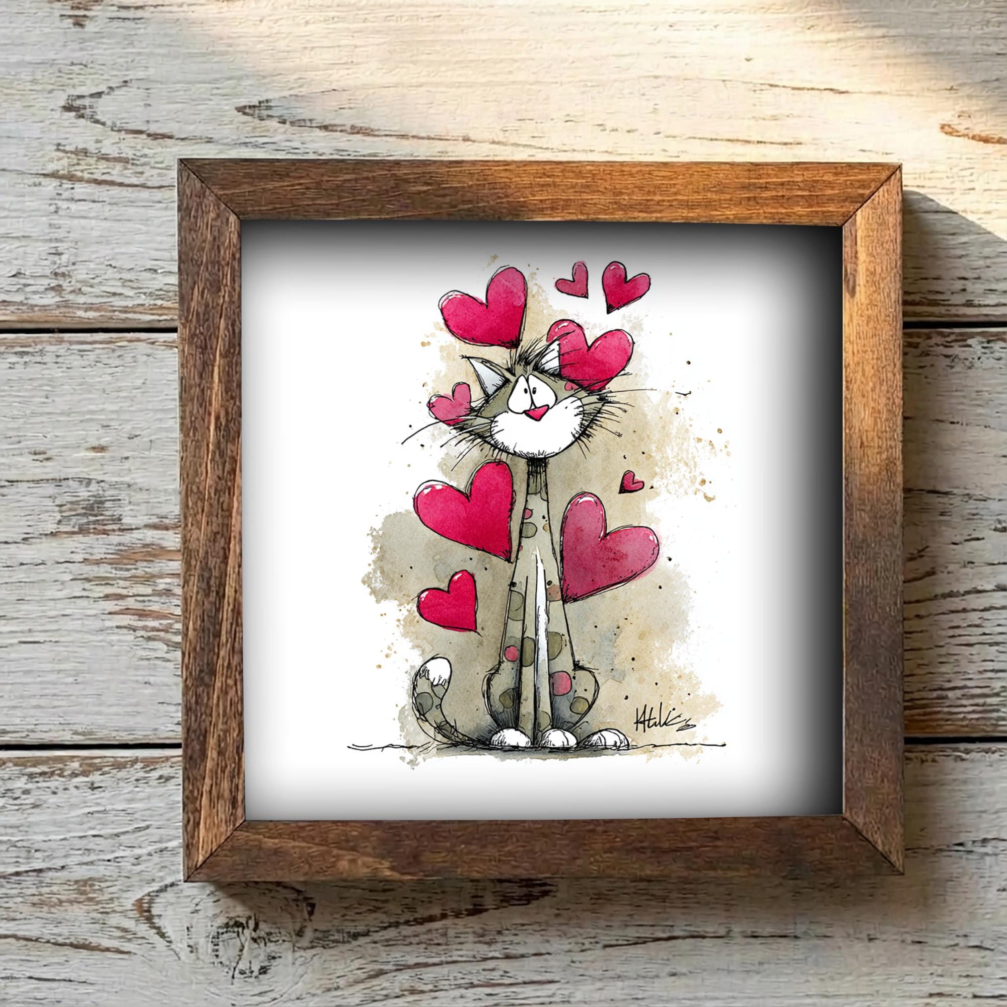 Cat Wall Art Framed 5x5 | Colorful Rainbow Hearts Print | Small Square Art | Whimsical Cat Lover Gift