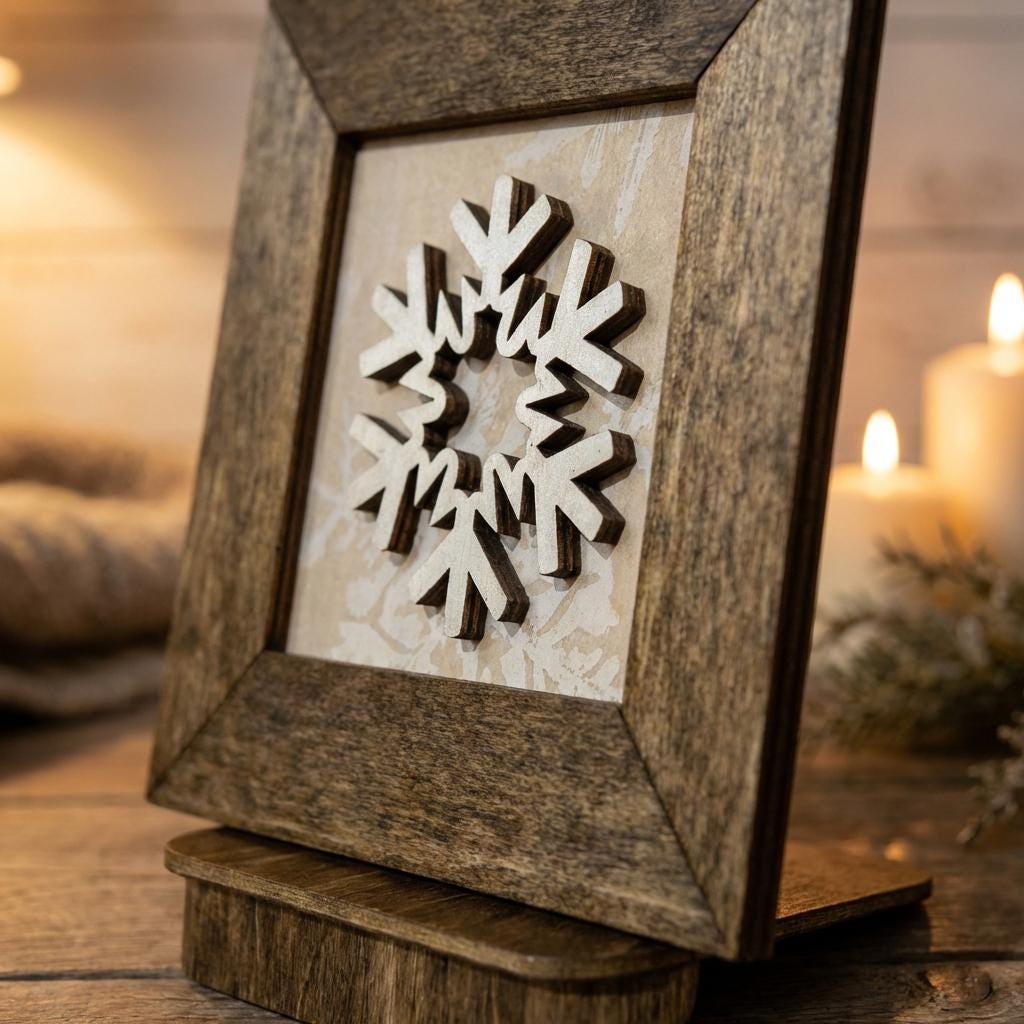 Winter Snowflake Mini Framed Sign | Tiered Tray Decor | 3D Wood Snowflake | Christmas Farmhouse Decor | Magnet & Stand Included