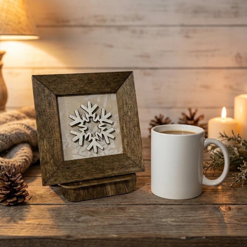 Winter Snowflake Mini Framed Sign | Tiered Tray Decor | 3D Wood Snowflake | Christmas Farmhouse Decor | Magnet & Stand Included