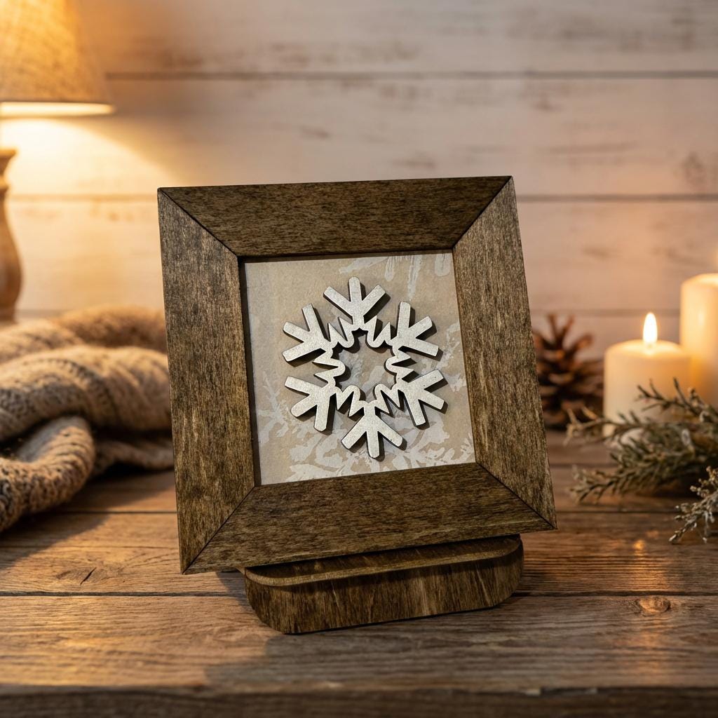 Winter Snowflake Mini Framed Sign | Tiered Tray Decor | 3D Wood Snowflake | Christmas Farmhouse Decor | Magnet & Stand Included