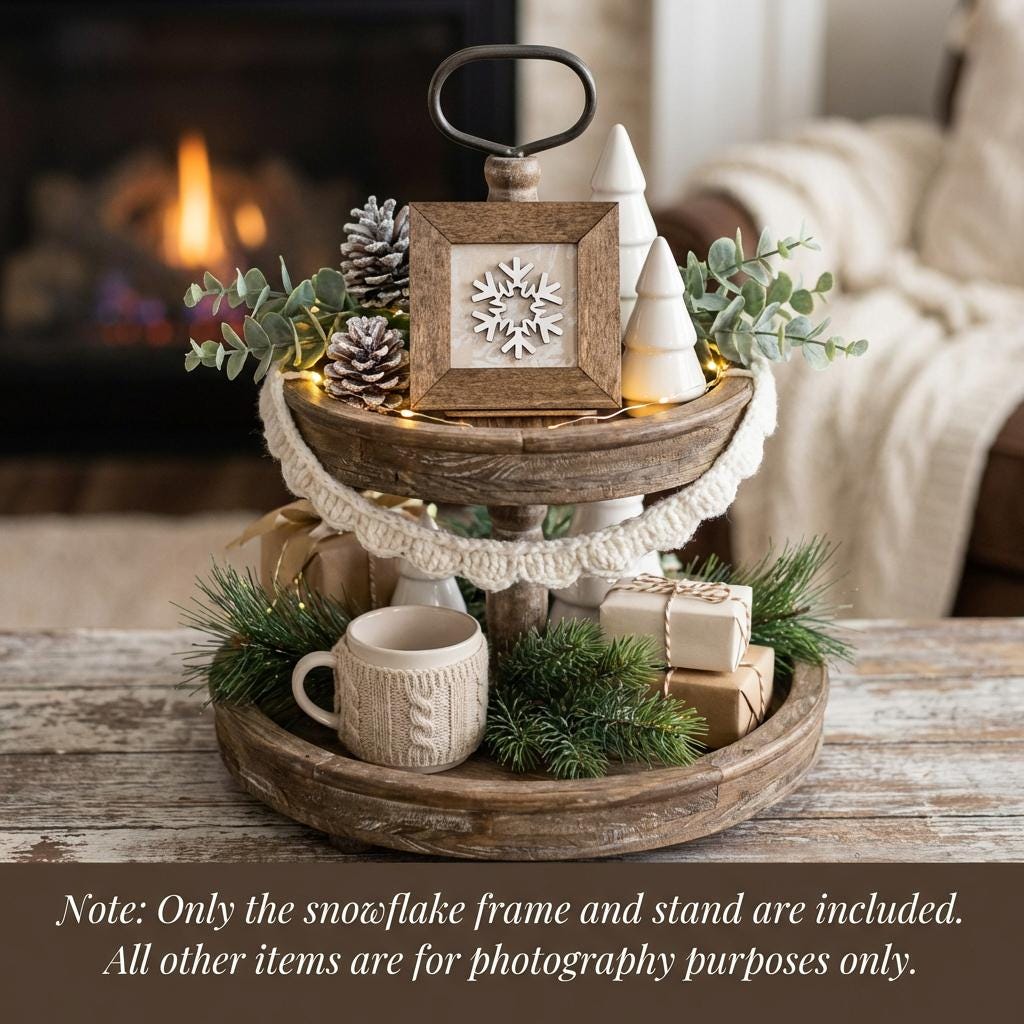 Winter Snowflake Mini Framed Sign | Tiered Tray Decor | 3D Wood Snowflake | Christmas Farmhouse Decor | Magnet & Stand Included