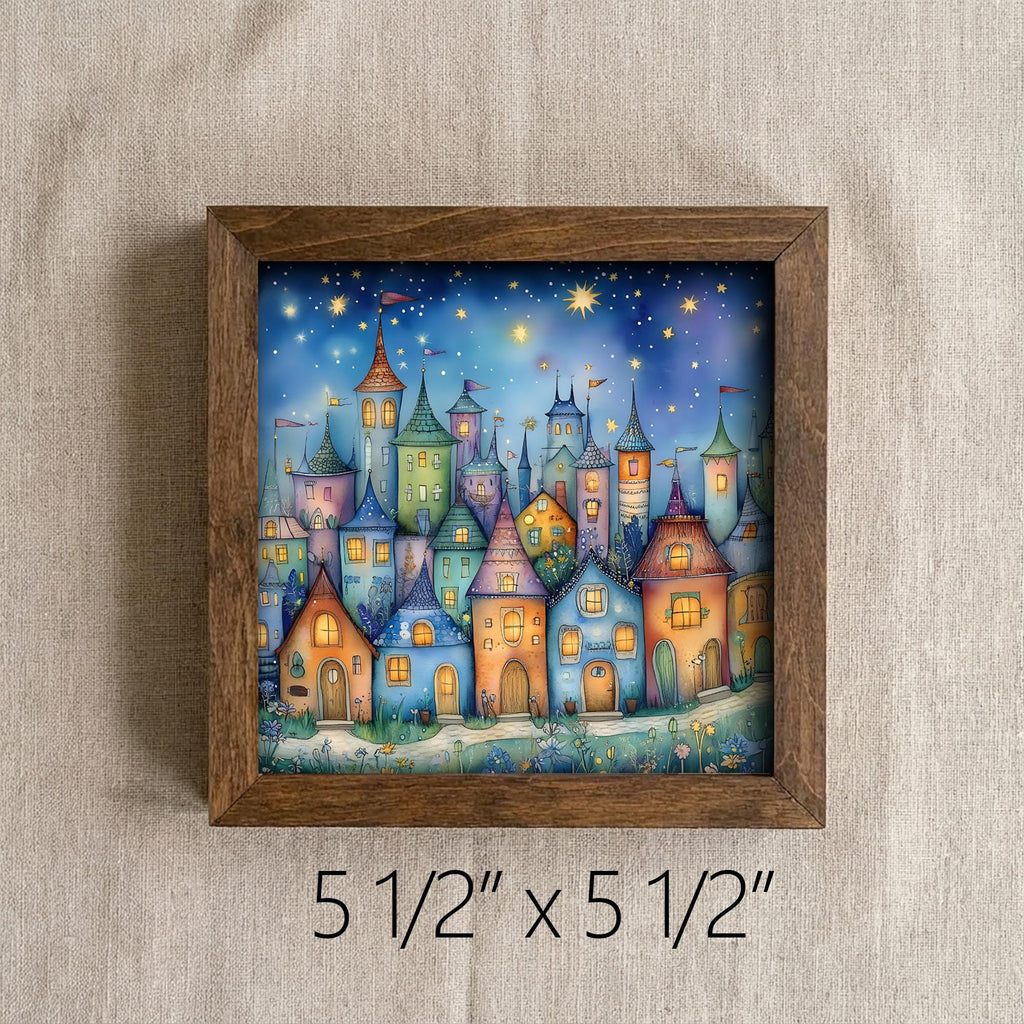 Whimsical Magical City Art, Colorful Fantasy Town Illustration, Playful Storybook Wall Art, 5.5 Inch Framed Shelf Decor