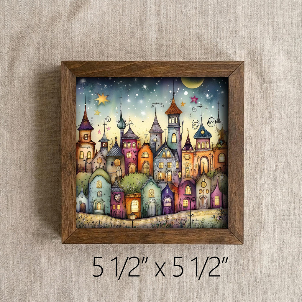 Whimsical Magical City Art, Colorful Fantasy Town Illustration, Playful Storybook Wall Art, 5.5 Inch Framed Shelf Decor