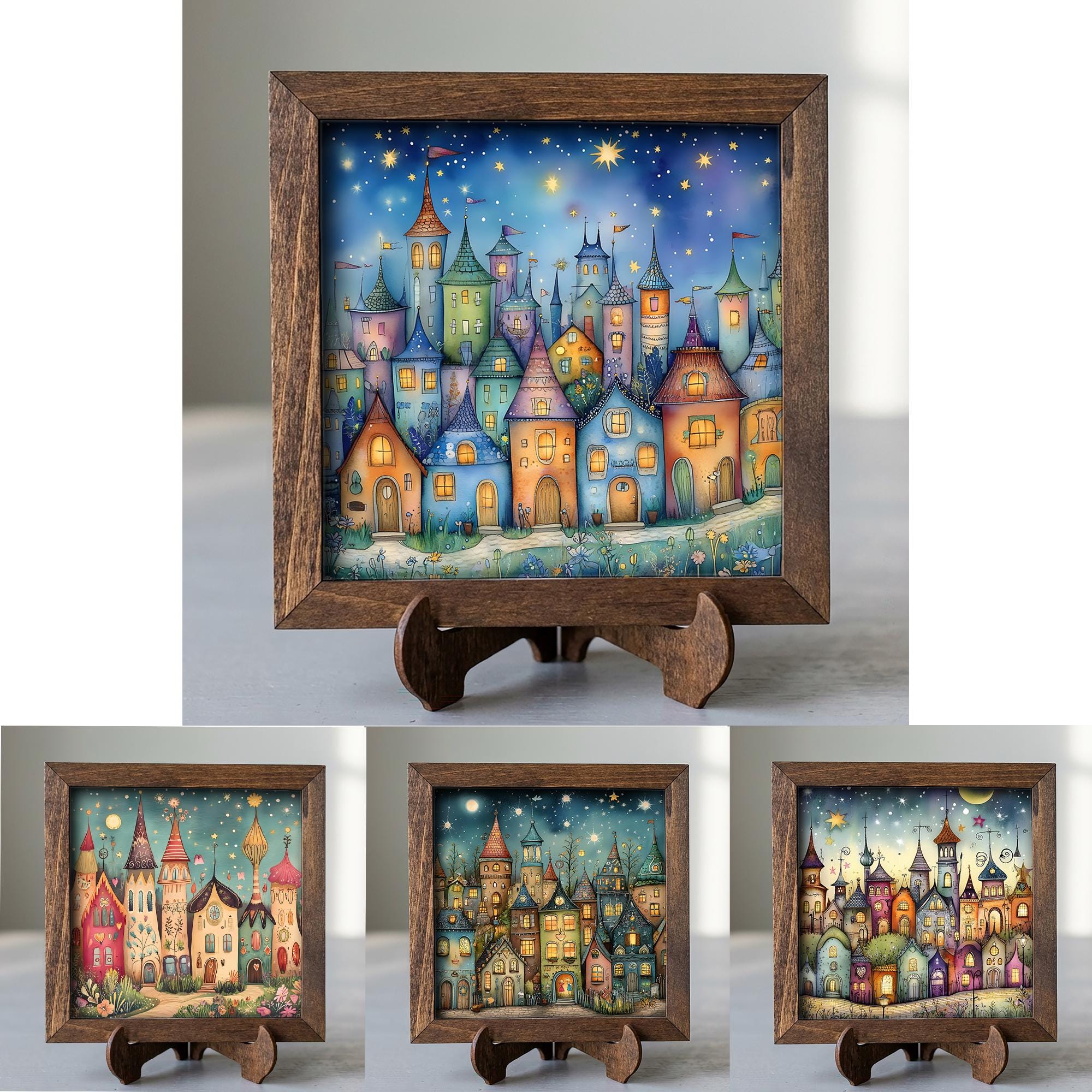Whimsical Magical City Art, Colorful Fantasy Town Illustration, Playful Storybook Wall Art, 5.5 Inch Framed Shelf Decor