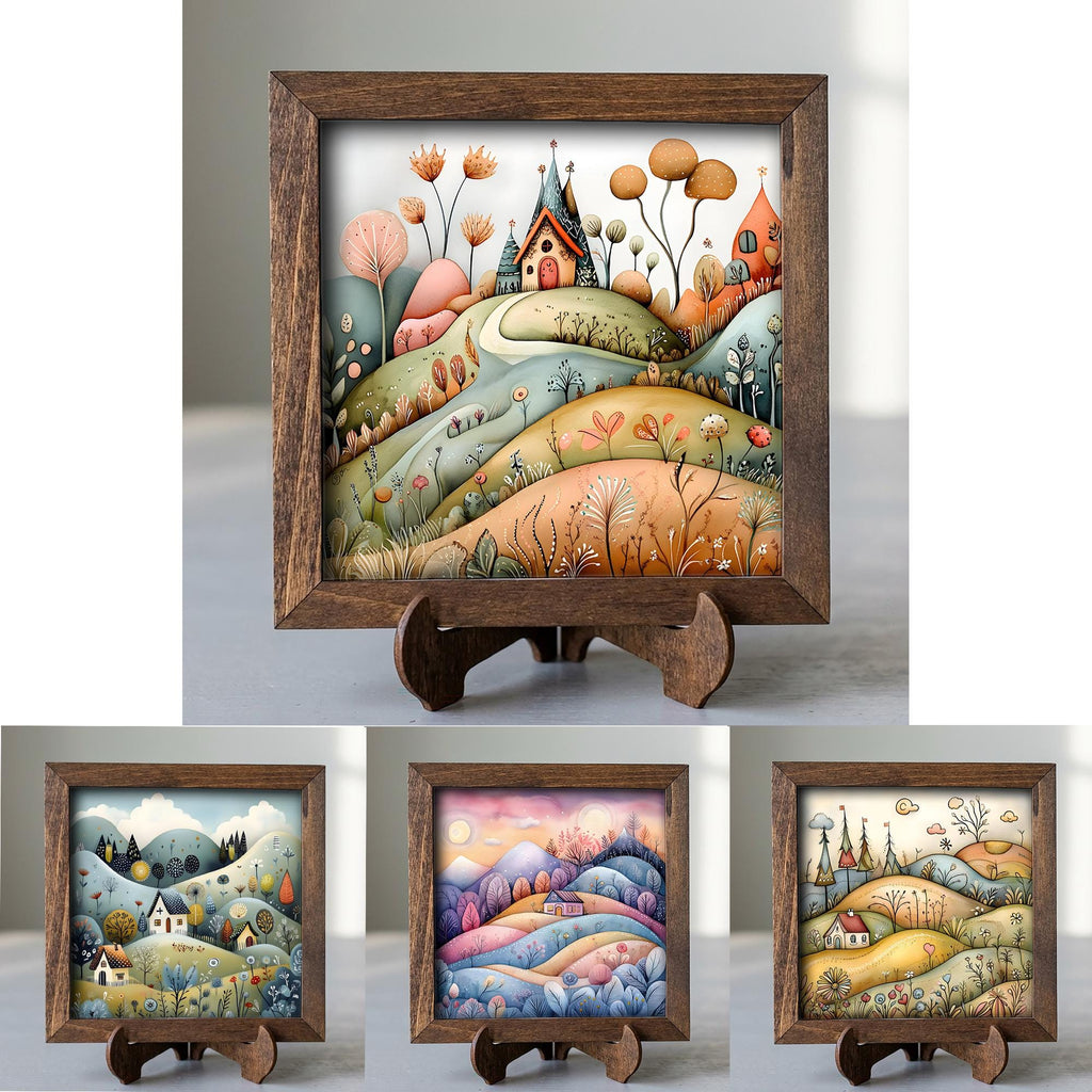 Whimsical City Art, Colorful Fantasy Town, Framed Shelf Decor