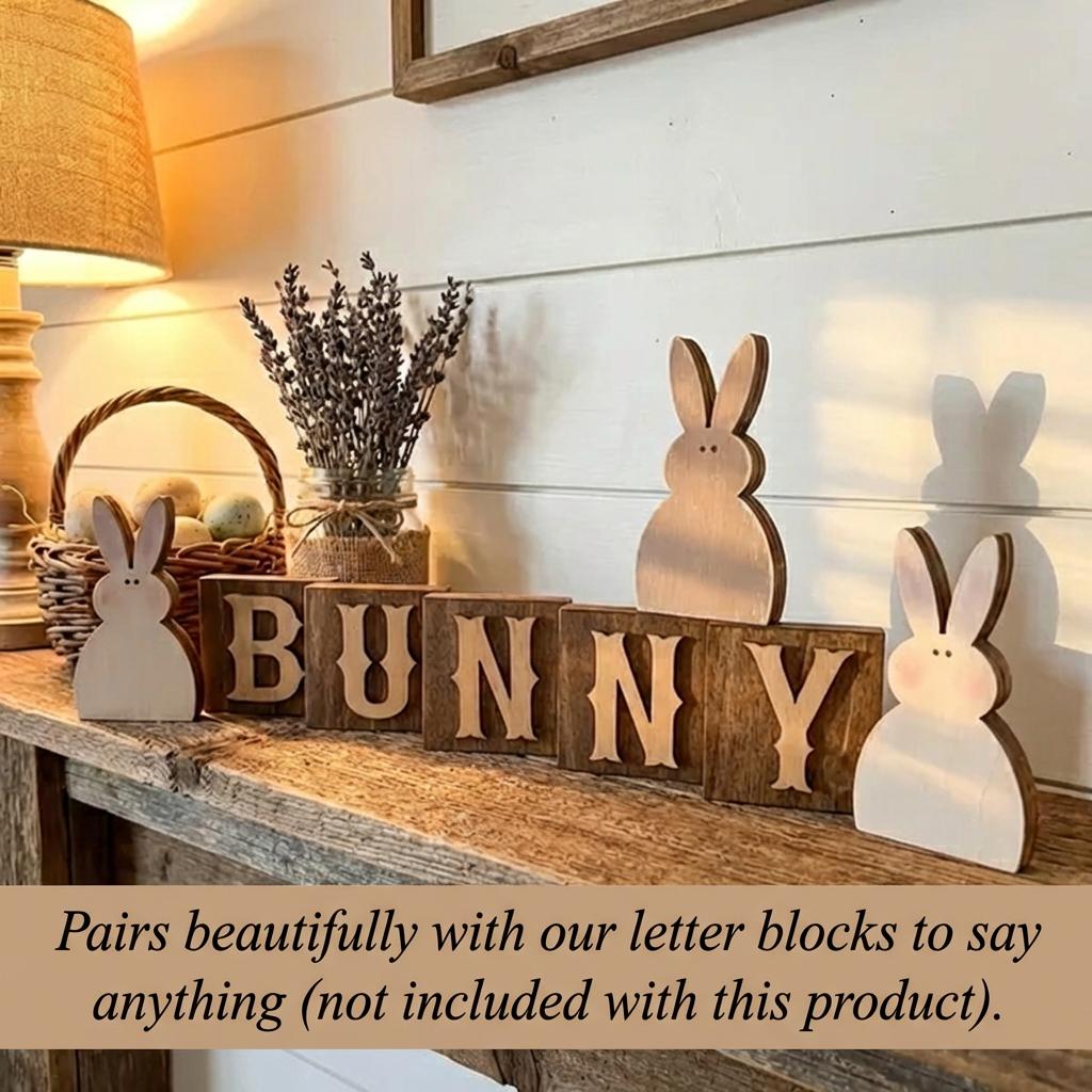 Neutral Mini Bunny Trio – Reversible Wooden Easter Bunnies – Rustic Farmhouse Tiered Tray Decor – 3 Inch Set