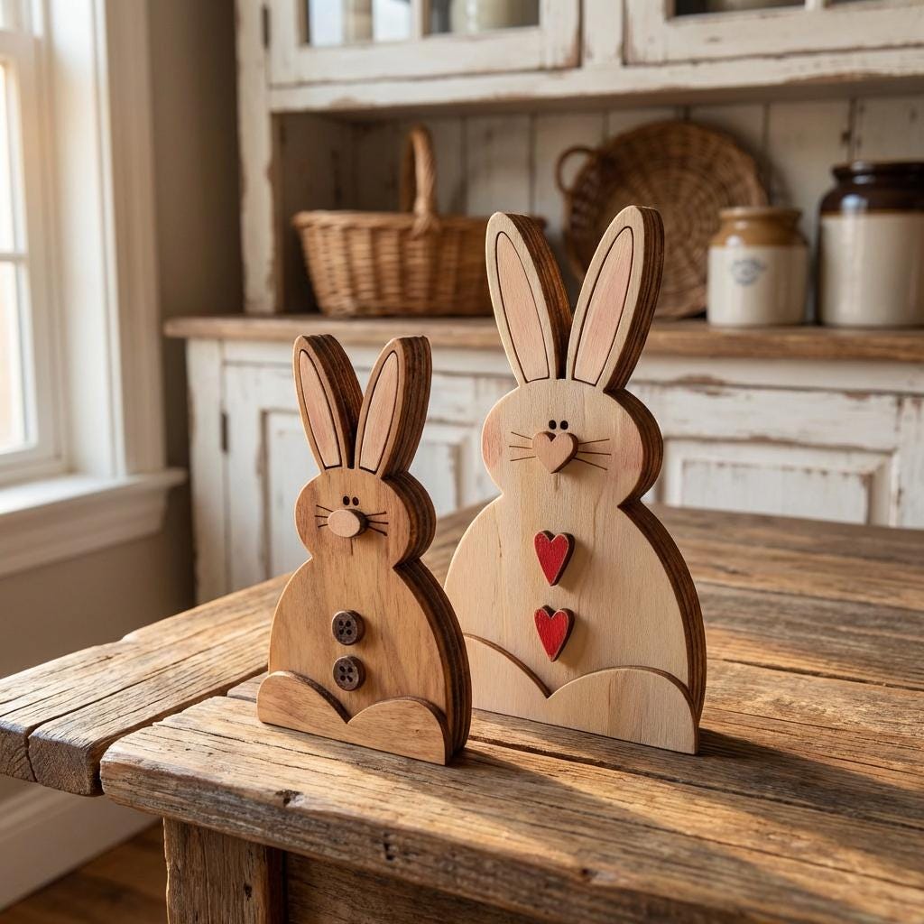 Farmhouse Bunny Trio Shelf Decor – Rustic Wooden Easter Bunnies – Tiered Tray Spring Decor – Neutral Bunny Set
