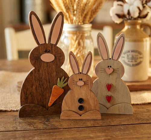 Farmhouse Bunny Trio Shelf Decor – Rustic Wooden Easter Bunnies – Tiered Tray Spring Decor – Neutral Bunny Set