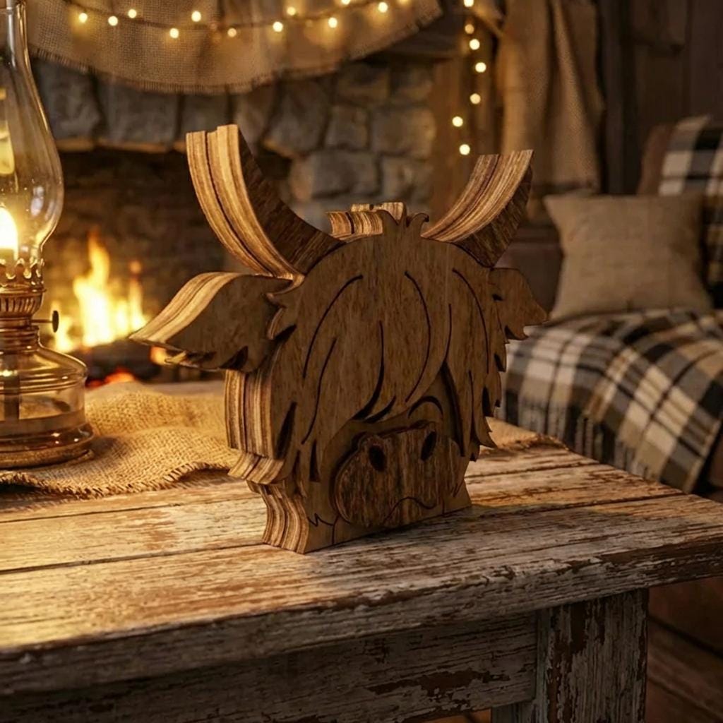 Mini Highland Cow Shelf Sitter – Rustic Farmhouse Wood Decor – Small Tiered Tray Cow – 3 Inch Wood Cow