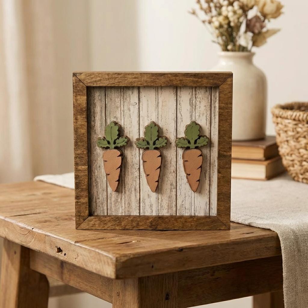 Easter Carrot Farmhouse Decor – Rustic Framed Wood Wall Art or Shelf Display – Neutral Spring Tiered Tray Decor