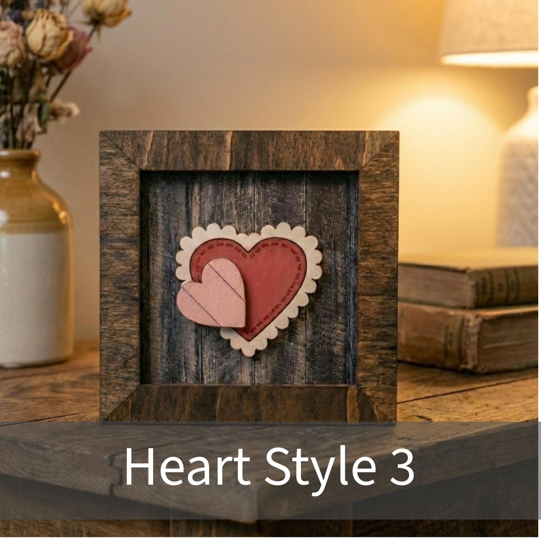 Layered Heart Decor, 3.75” Framed Wood Sign, Rustic Farmhouse Sentimental Decor, Small Wedding Gift
