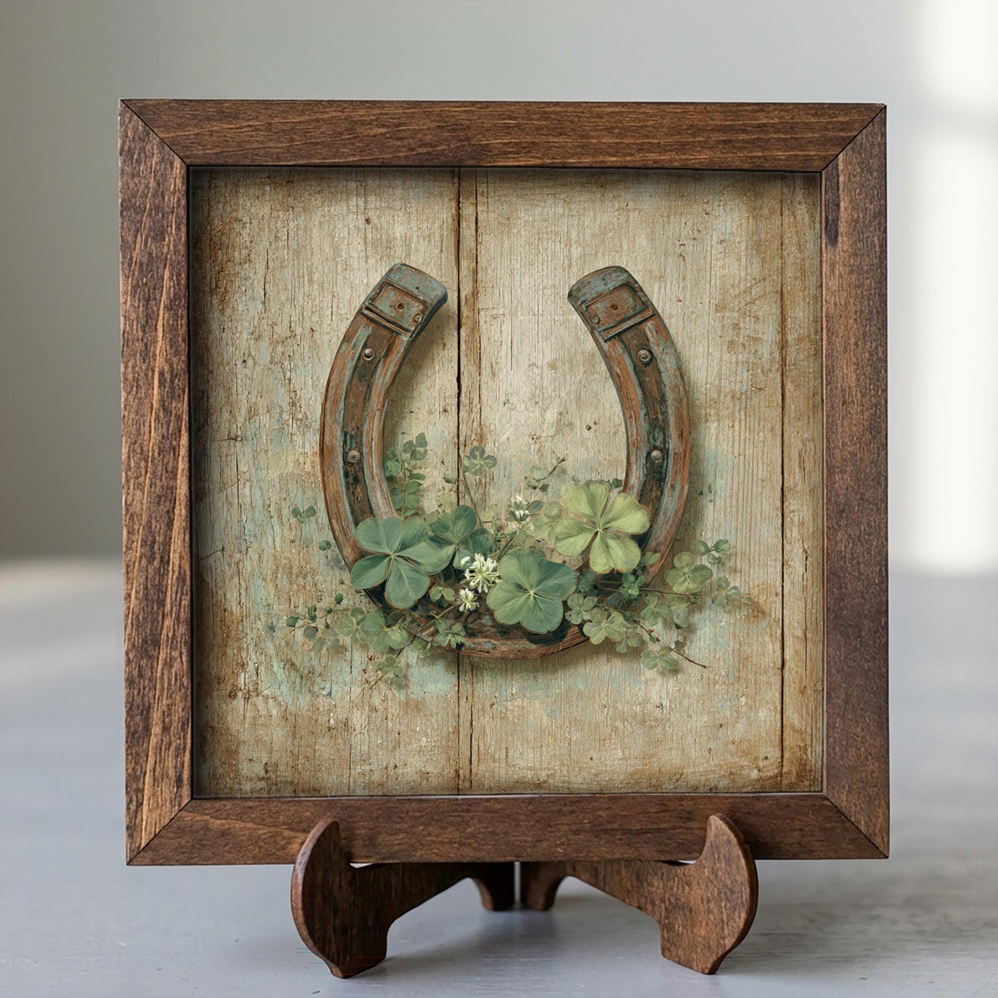 St Patrick’s Day Farmhouse Decor | Mini Framed Horseshoe Art | Rustic Shamrock Wall Sign