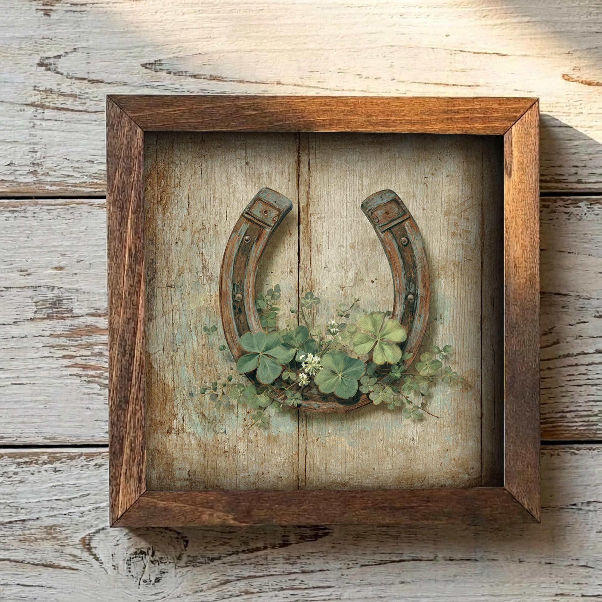 St Patrick’s Day Farmhouse Decor | Mini Framed Horseshoe Art | Rustic Shamrock Wall Sign