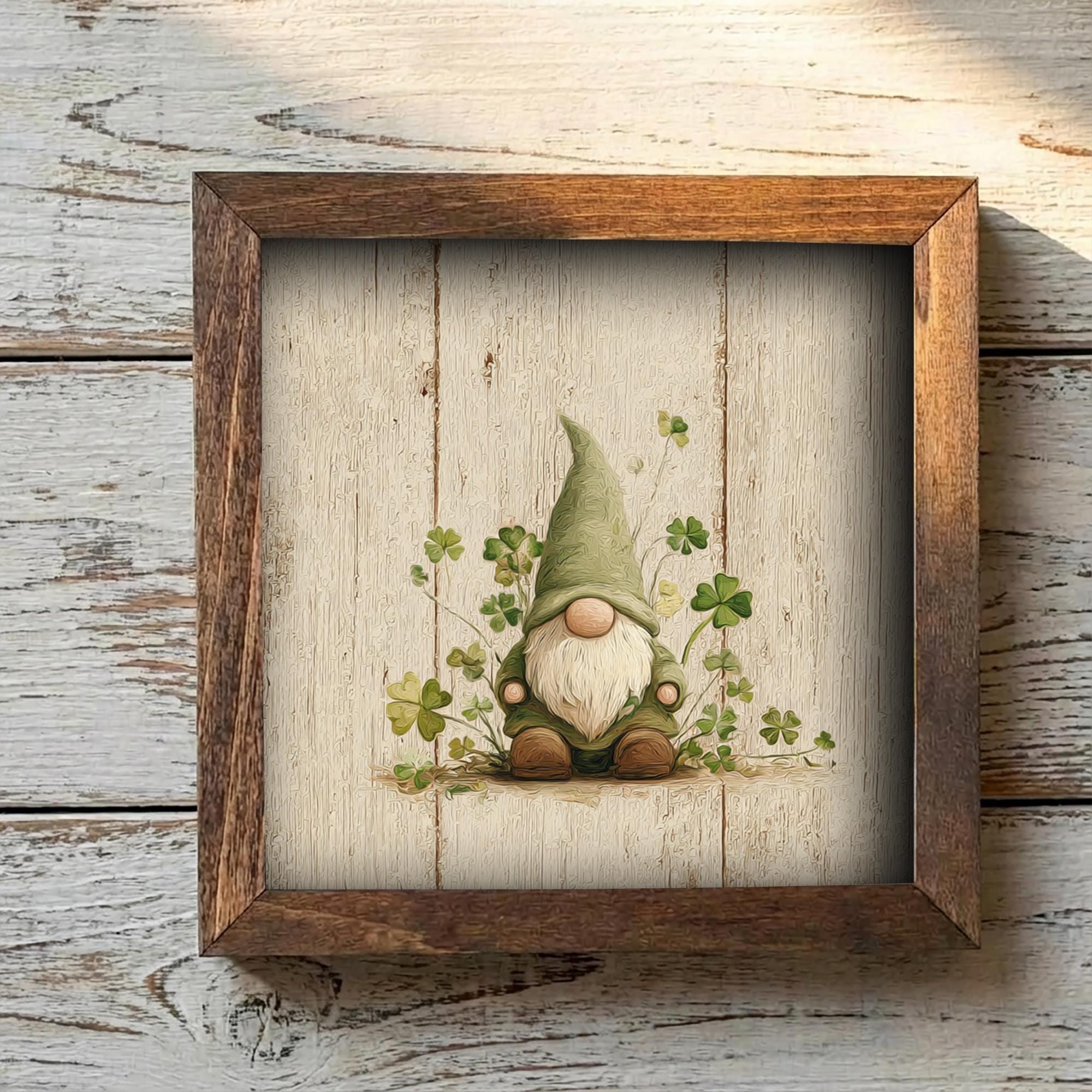 St Patrick’s Day Gnome Decor | Mini Framed Lucky Gnome Art | Farmhouse Shamrock Sign