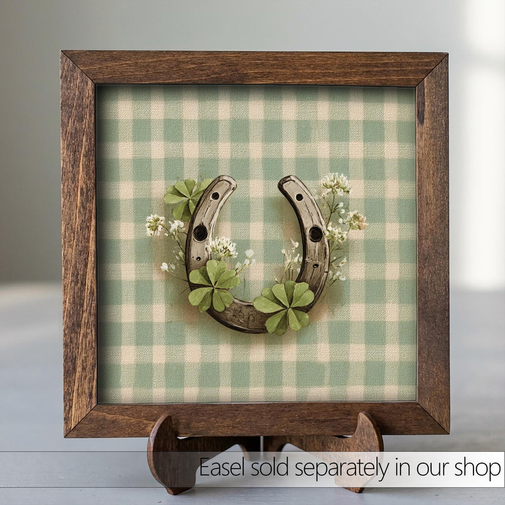 St Patrick’s Day Decor | Mini Framed Horseshoe Art | Gingham Shamrock Farmhouse Sign