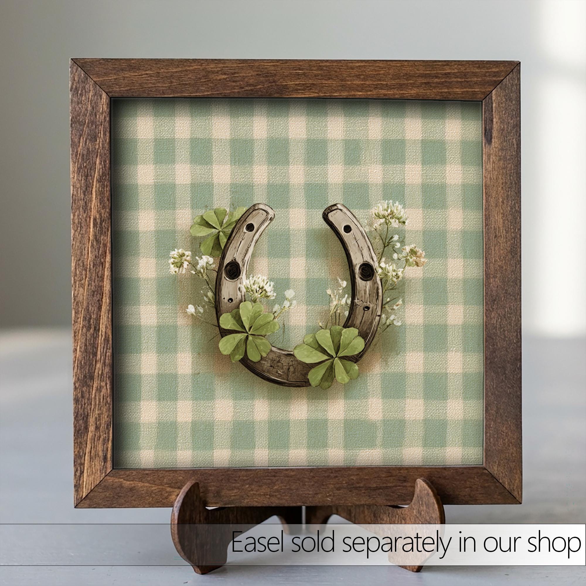 St Patrick’s Day Decor | Mini Framed Horseshoe Art | Gingham Shamrock Farmhouse Sign