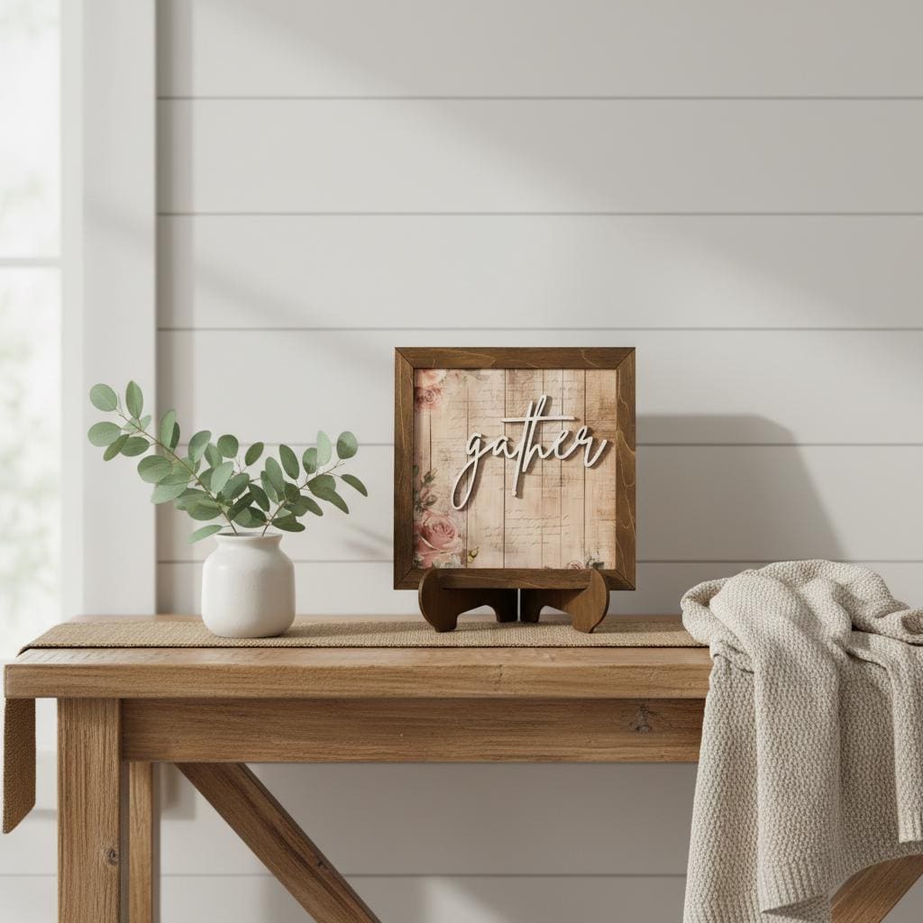 Rustic Welcome Sign | Joy Love Faith Gather Wood Decor | Farmhouse Tabletop Sign | Housewarming Gift