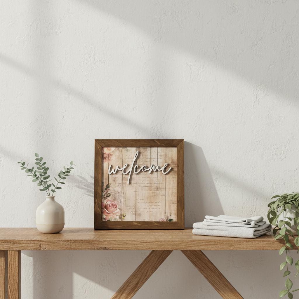 Rustic Welcome Sign | Joy Love Faith Gather Wood Decor | Farmhouse Tabletop Sign | Housewarming Gift