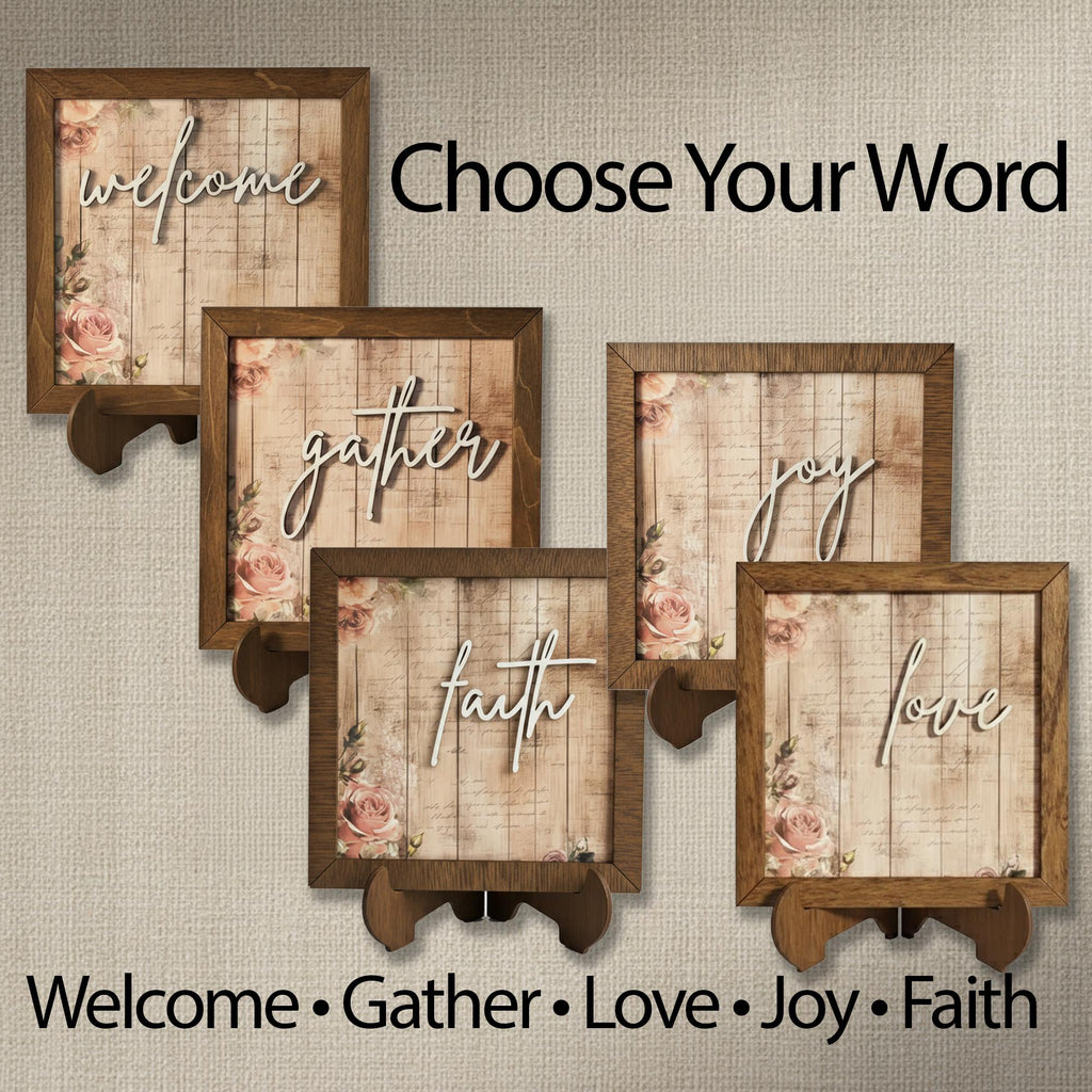 Rustic Welcome Sign | Joy Love Faith Gather Wood Decor | Farmhouse Tabletop Sign | Housewarming Gift