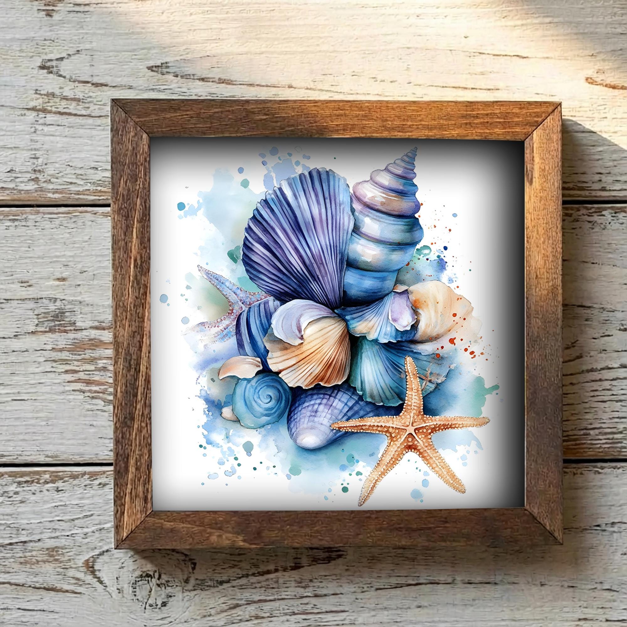 Coastal Seashell Wall Art Framed Beach Decor Starfish Ocean Artwork Nautical Farmhouse Blue Shell Print Gift for Beach House