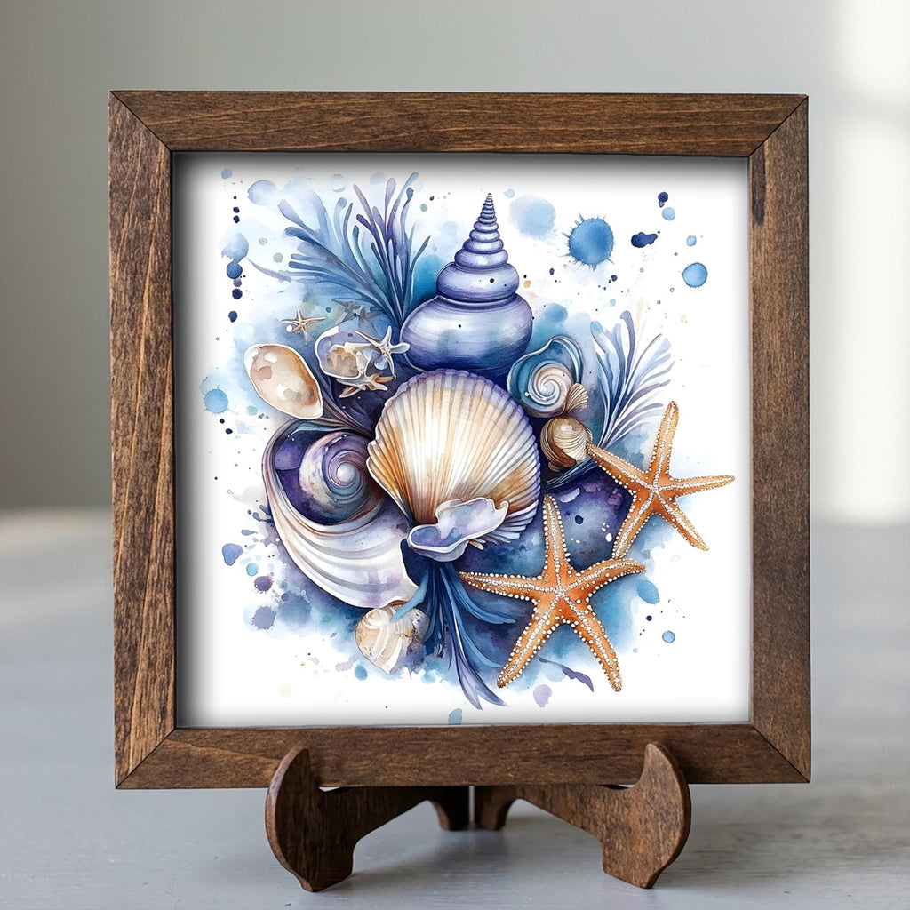 Coastal Seashell Wall Art Framed Beach Decor Starfish Ocean Artwork Nautical Farmhouse Blue Shell Print Gift for Beach House