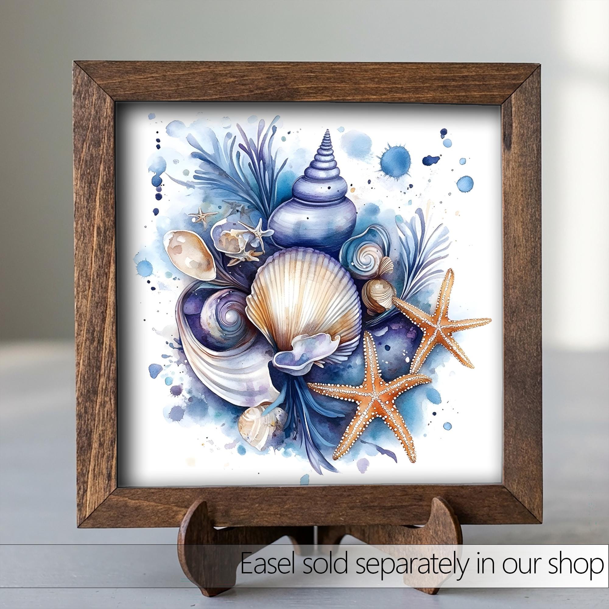 Coastal Seashell Wall Art Framed Beach Decor Starfish Ocean Artwork Nautical Farmhouse Blue Shell Print Gift for Beach House