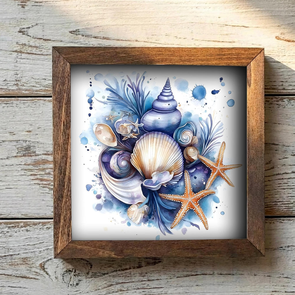Coastal Seashell Wall Art Framed Beach Decor Starfish Ocean Artwork Nautical Farmhouse Blue Shell Print Gift for Beach House