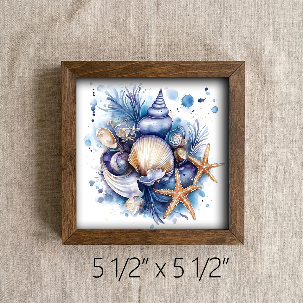 Coastal Seashell Wall Art Framed Beach Decor Starfish Ocean Artwork Nautical Farmhouse Blue Shell Print Gift for Beach House