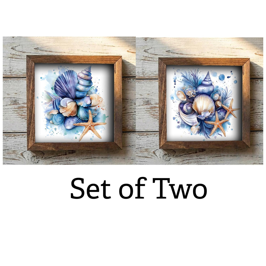 Coastal Seashell Wall Art Framed Beach Decor Starfish Ocean Artwork Nautical Farmhouse Blue Shell Print Gift for Beach House